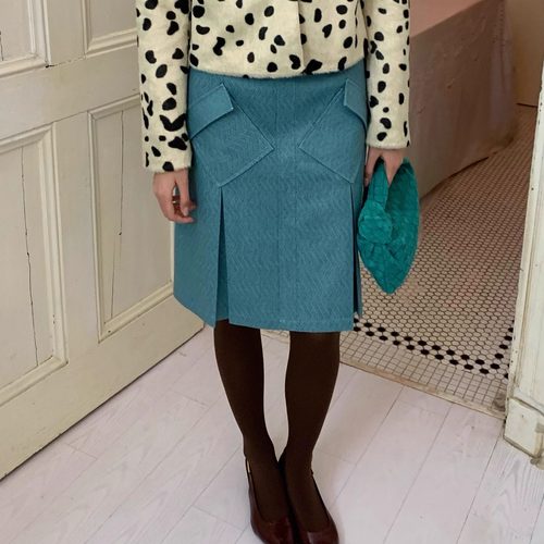 Spoii 孔雀蓝编织肌理斜口袋立体褶小A型短半裙