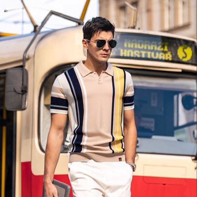 Gulots Idle 休闲系列 夏季新款男士翻领短袖针织polo条纹拼接