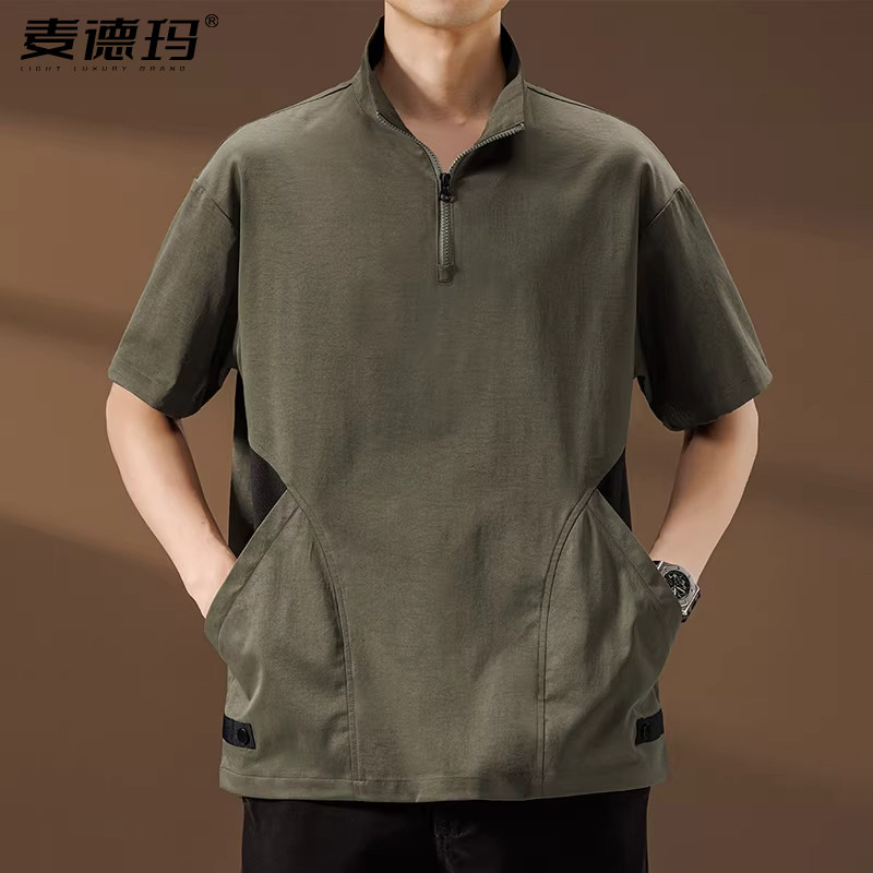 侧插口袋冰丝短袖t恤男立领半拉链美式潮牌半袖夏季薄款速干体恤