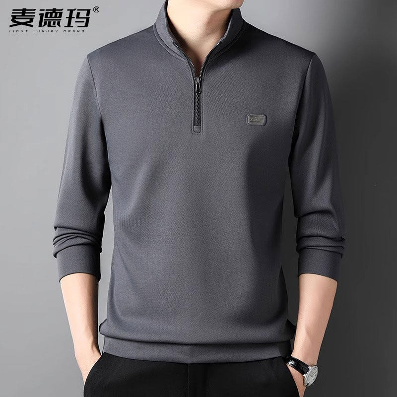 长袖卫衣男士中年打底衫2025春秋新款立领半拉链T恤潮流休闲上衣