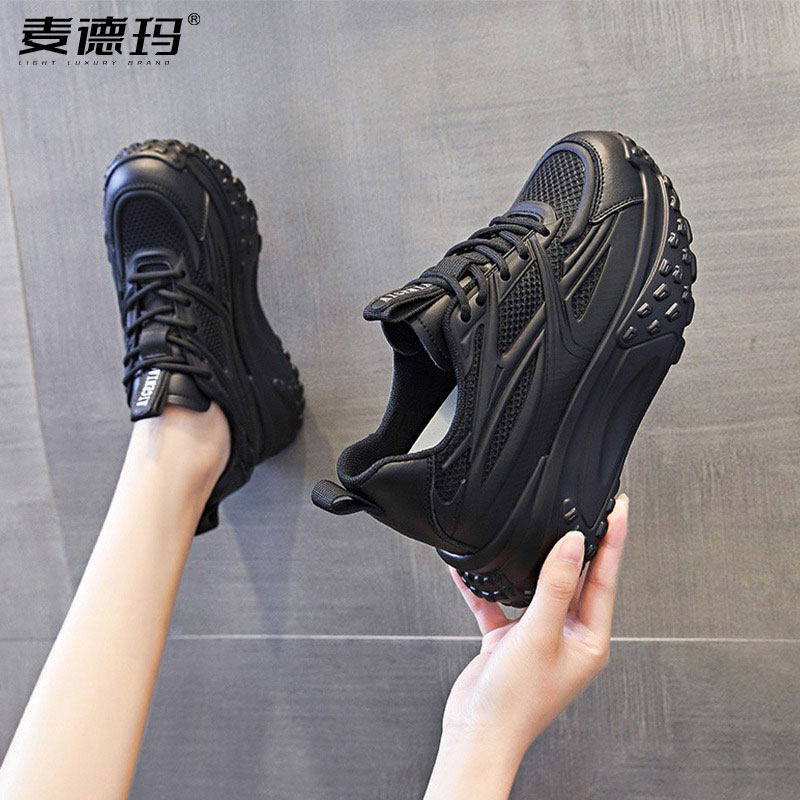 黑色老爹鞋女2025年夏季新款透气网面女鞋子8cm厚底内增高休闲鞋