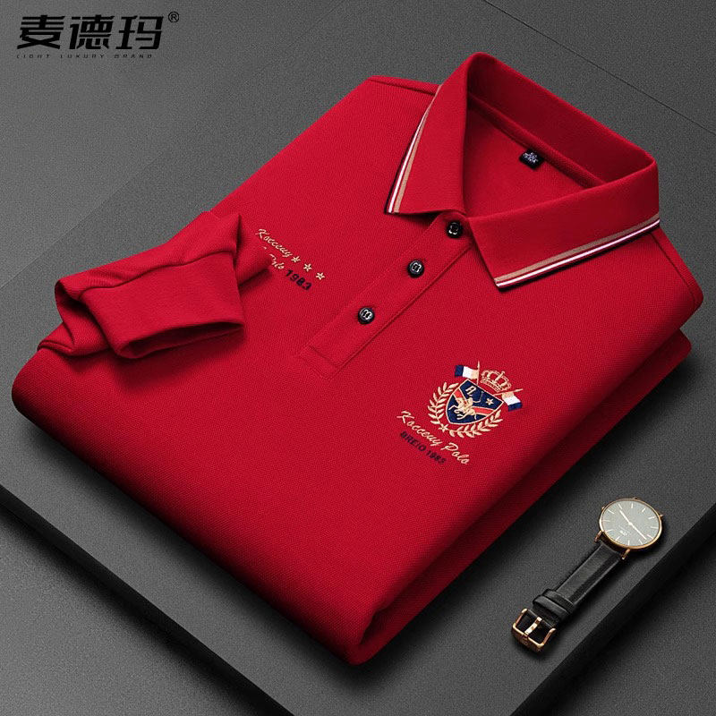 高端春秋高档透气棉polo衫男士长袖t恤中年轻奢休闲有领刺绣上衣a