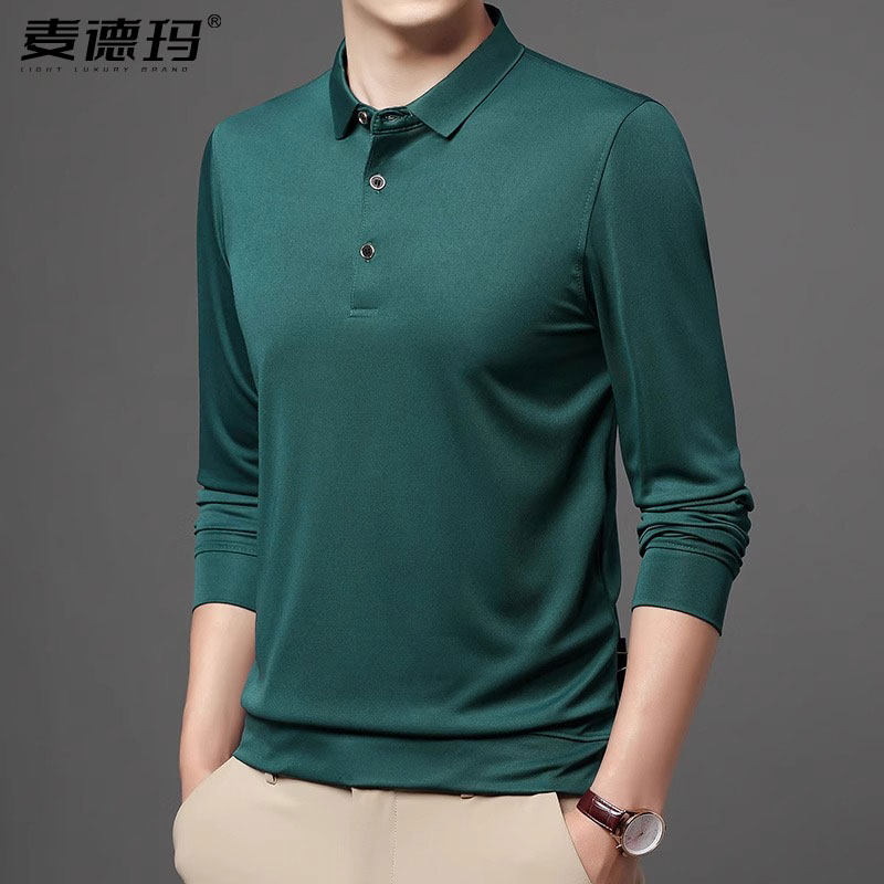 高端t恤男长袖春季薄款有领纯色衣服宽松春秋装中老年爸爸打底衫