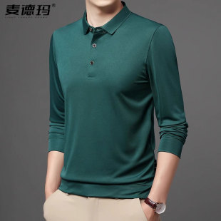 中老年爸爸打底衫 高端t恤男长袖 有领纯色衣服宽松春秋装 春季 薄款