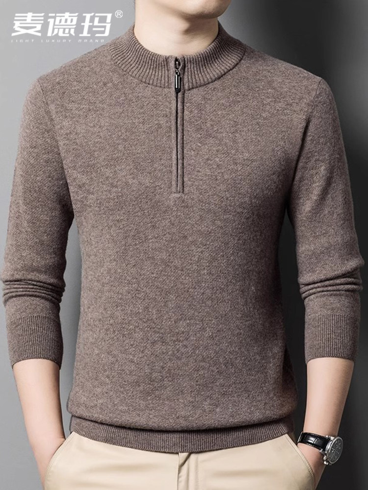 新款长袖大红色时尚羊毛衫男士毛衣冬季新款加厚保暖半高拉炼上衣