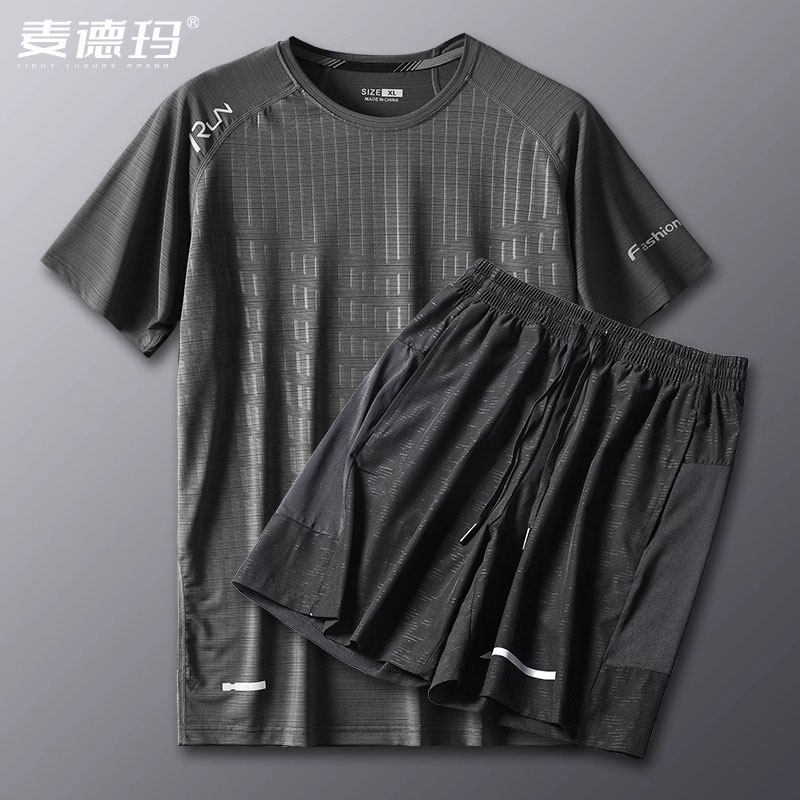 夏装运动服套装男士爸爸中年夏季休闲衣服速干衣冰丝男装跑步短袖