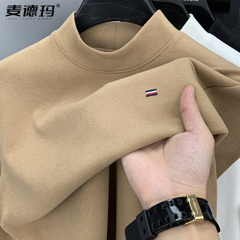德绒磨毛打底衫男半高领秋冬保暖