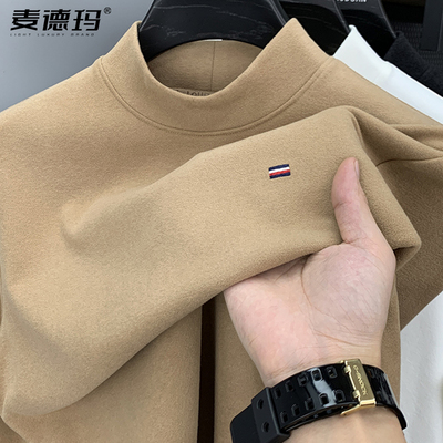 德绒磨毛打底衫男半高领秋冬保暖