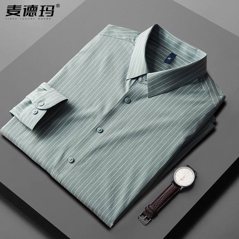 男士衬衫长袖高级感条纹定制无痕科技春夏季内搭西装间条男款衬衣