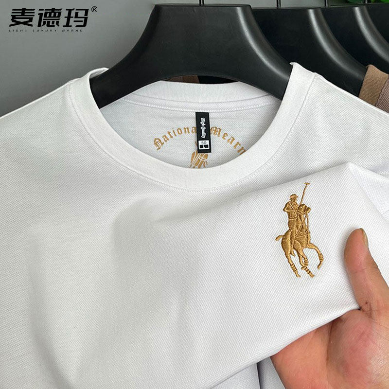 正品保罗贝拉德纯棉圆领短袖t恤男士夏季薄款刺绣男丝光棉透气T恤