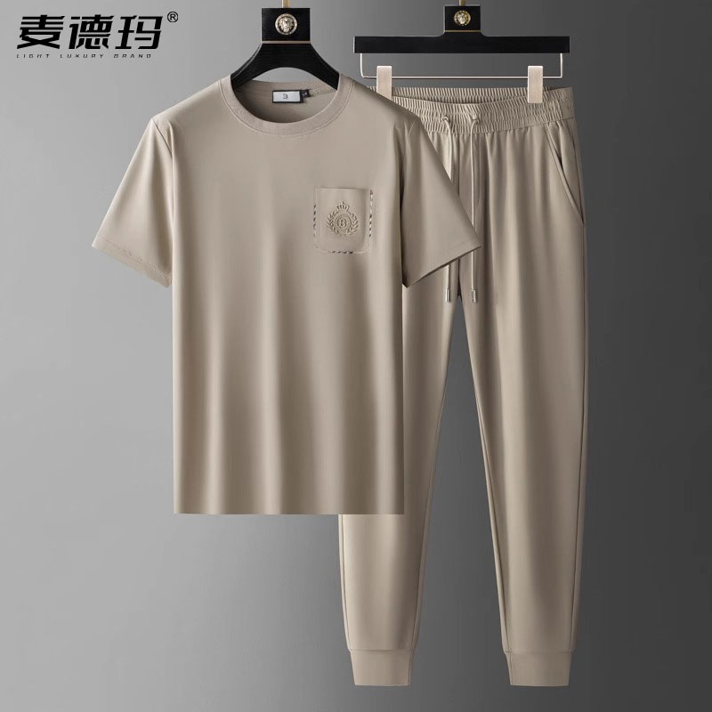 夏季清凉高端短袖圆领两件套男时尚弹力透气莫代尔棉运动休闲套装