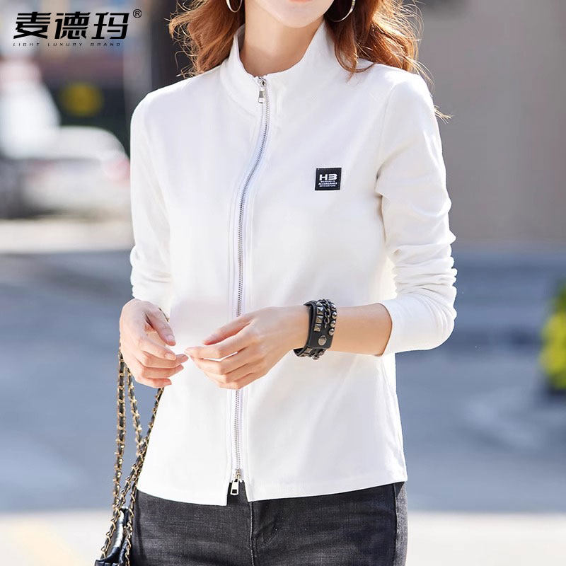 纯棉拉链立领卫衣女白色开衫外套无帽运动薄款上衣服休闲外穿春秋