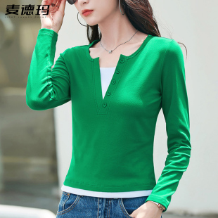 t恤女秋季 绿色上衣T打底衫 新款 修身 2025年短款 撞色假两件洋气长袖