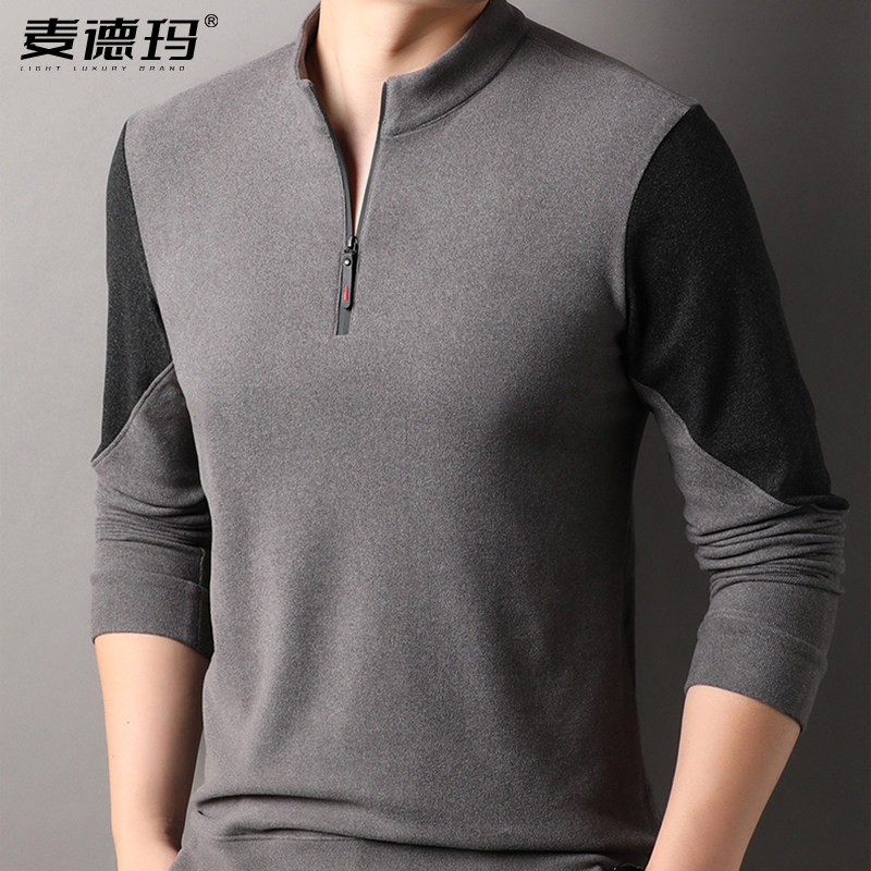 2025高端长袖t恤男半拉链领秋冬双面德绒衣服男士打底polo衫秋季