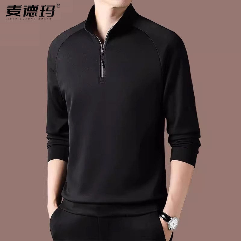 高端男士长袖T恤2025春秋新款立领透气打底polo衫男装加绒卫衣