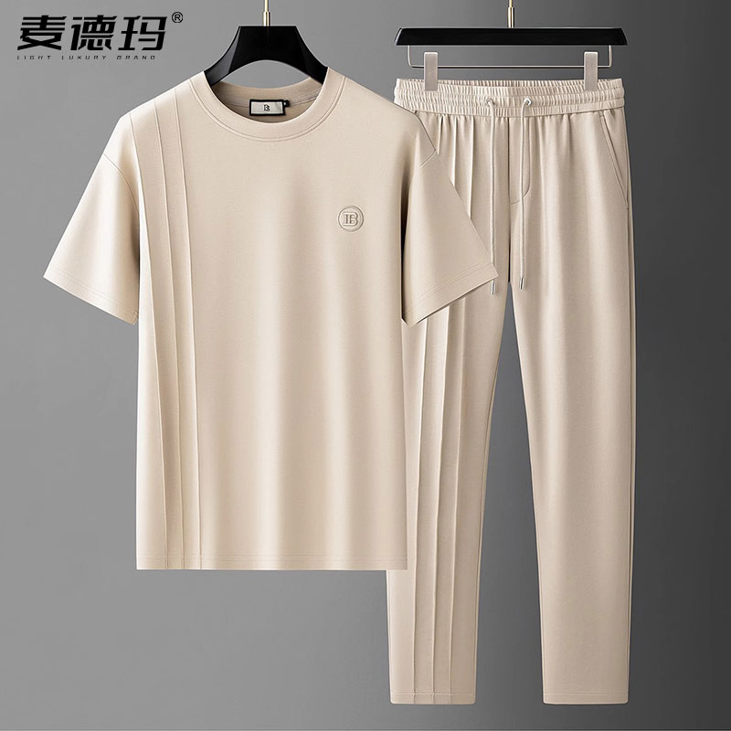 夏季高端时尚潮流柔软冰丝莫代尔棉男士微阔直筒短袖休闲运动套装