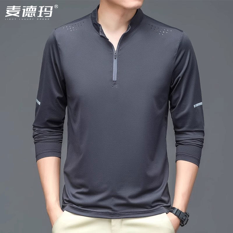春秋新款长袖t恤男立领半拉链薄款运动速干网眼男士透气防晒衣服