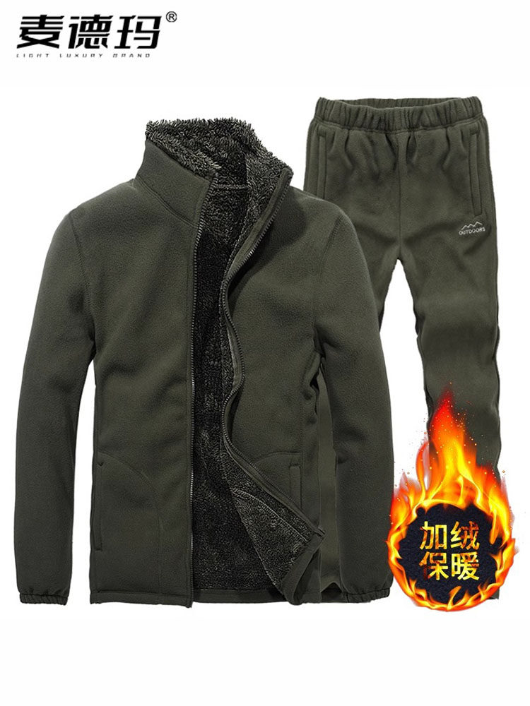 运动套装男冬季摇粒绒加绒加厚保暖两件套中年男士抓绒卫衣外套