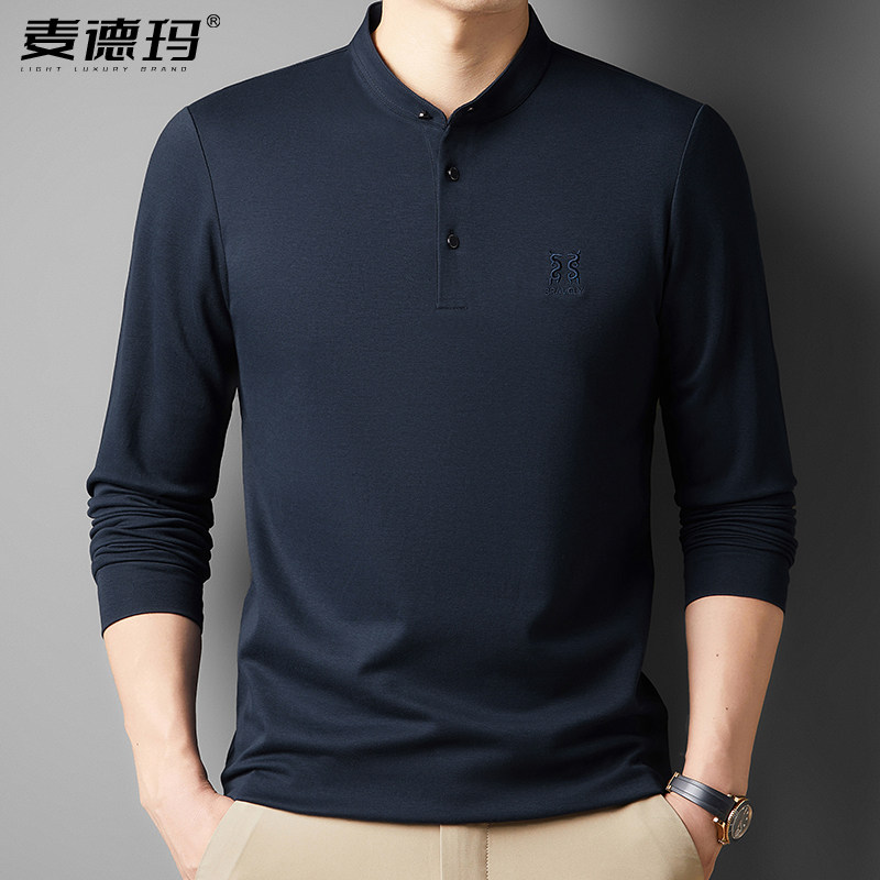 长袖t恤男士立领半高领中年秋装上衣酒红打底POLO衫纯色春秋商务