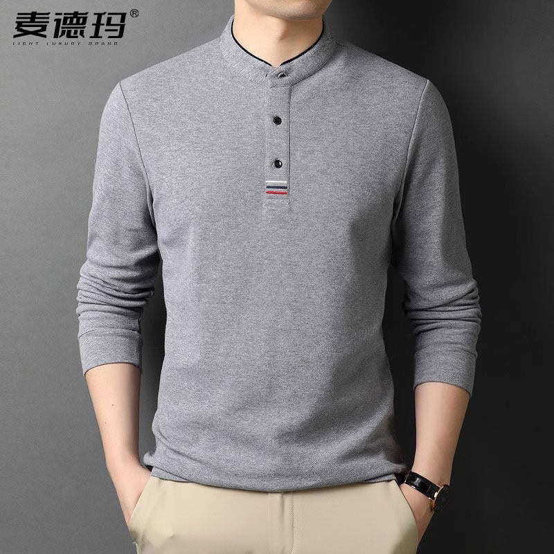 春秋新款中年长袖T恤男小立领宽松休闲纯色爸爸装上衣免烫体恤衫