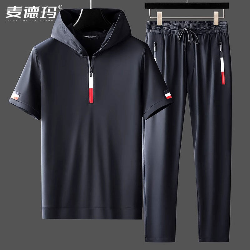 高端四面弹力丝滑冰丝短袖运动套装 夏季男士连帽T恤休闲两件套装
