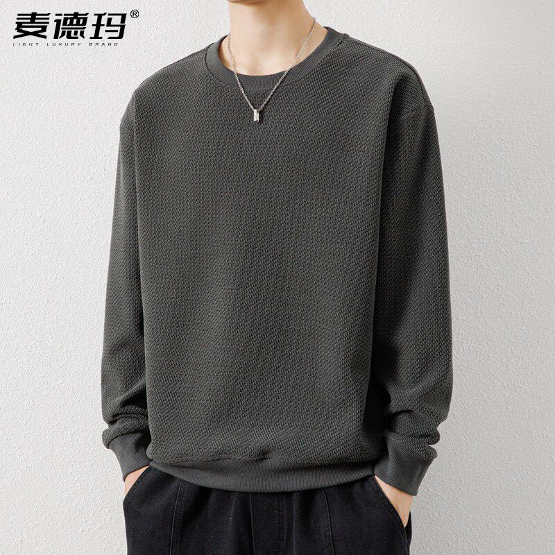 男士秋季套头华夫格圆领宽松卫衣