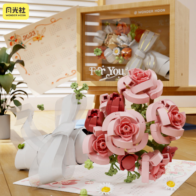 月光社FORYOU积木永生花束玫瑰相框diy手工拼装玩具生日礼物女图片
