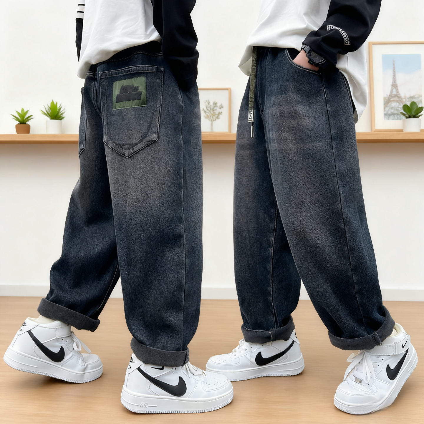 男童牛仔裤秋冬休闲一体绒裤子