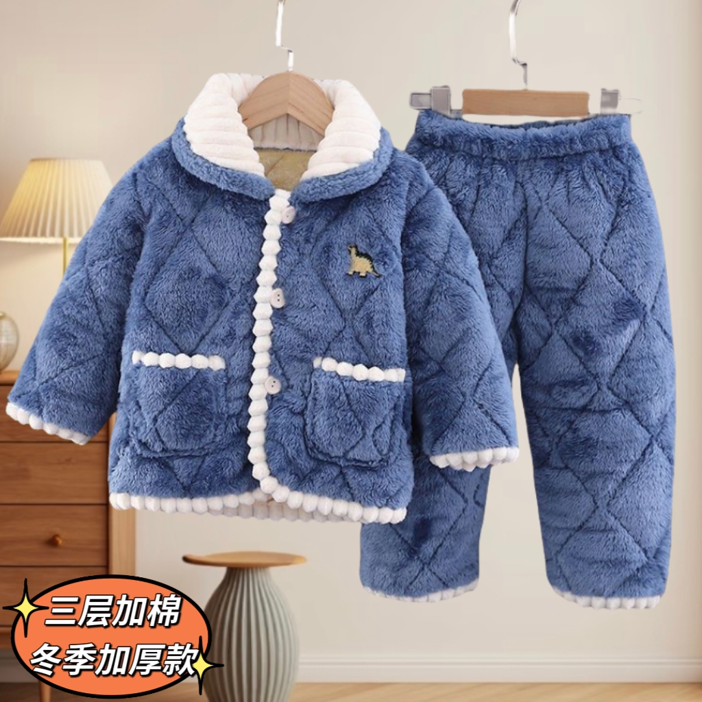 冬季儿童法兰绒睡衣三层夹棉加厚