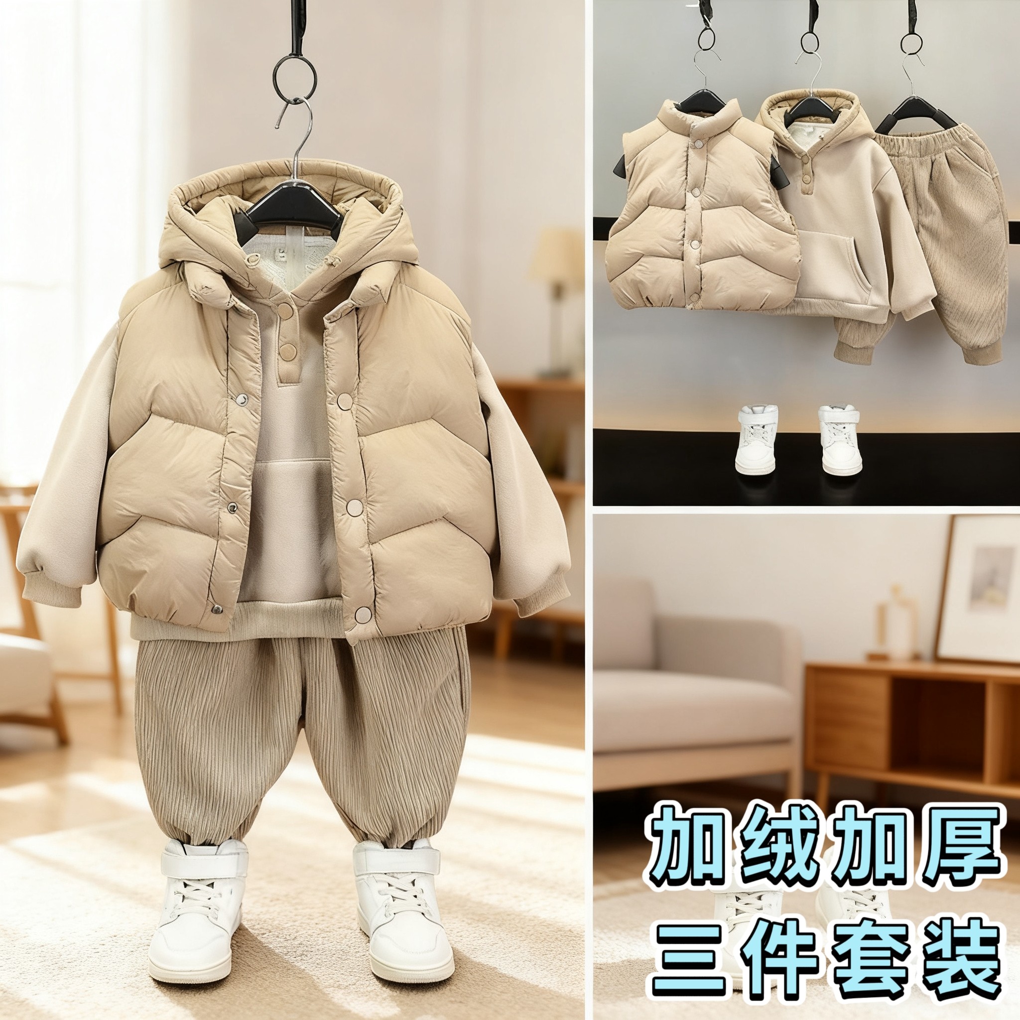 男童冬季马甲三件套潮套装2025新款儿童洋气加绒加厚冬装宝宝韩版,童装/婴儿装/亲子装,套装,淘宝优惠券,粉丝福利购,淘宝优惠卷