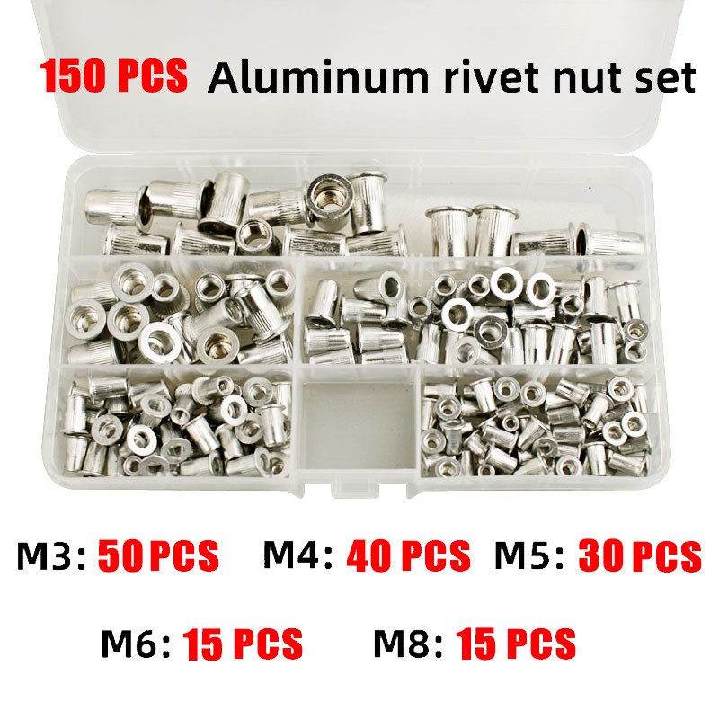 150PCS铝制拉铆螺母公制平头螺母铆钉螺母M3M4M5M6M8组合