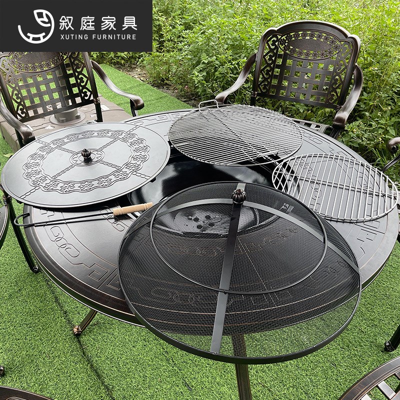 户外铸铝桌椅组合家用庭院炭烤火锅炉铁艺露台花园餐桌室外烧烤桌