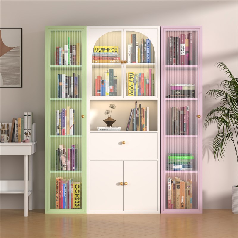 家用铁艺书柜家用落地储物柜客厅防尘多层收纳书架展示柜带玻璃门