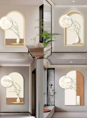 现代简约入户玄关装饰画月上柳梢发光画走廊过道尽头挂画高档灯画