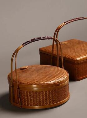 覆古竹编织竹蓝色手提箱茶饼盒茶具收纳盒礼盒糕点篮中国古代风格