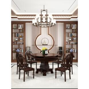 义岚家具可扩大伸缩旋转餐桌小户型家用全实木简约新中式餐厅圆桌