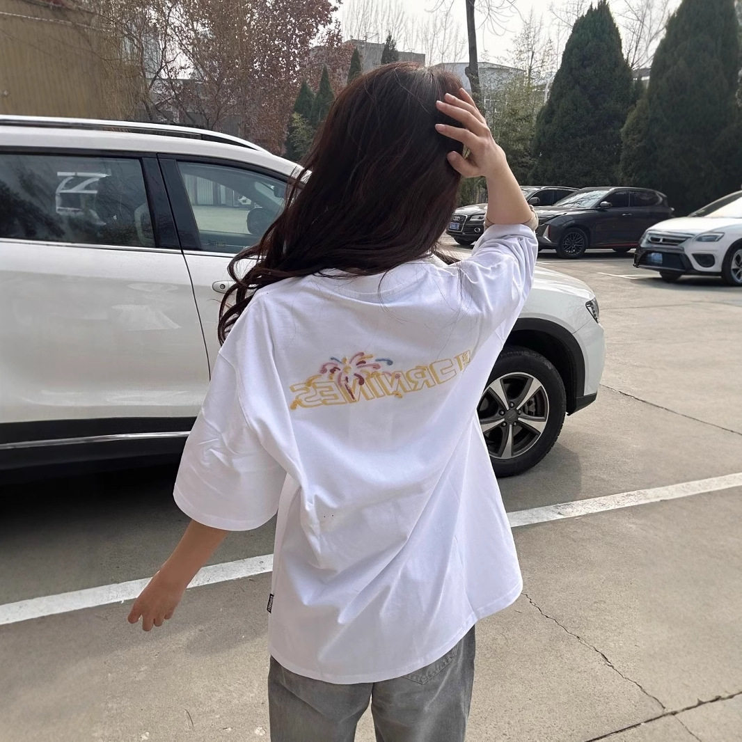 美式刺绣纯棉短袖女半袖潮牌复古宽松设计感小众上衣T恤夏季中国