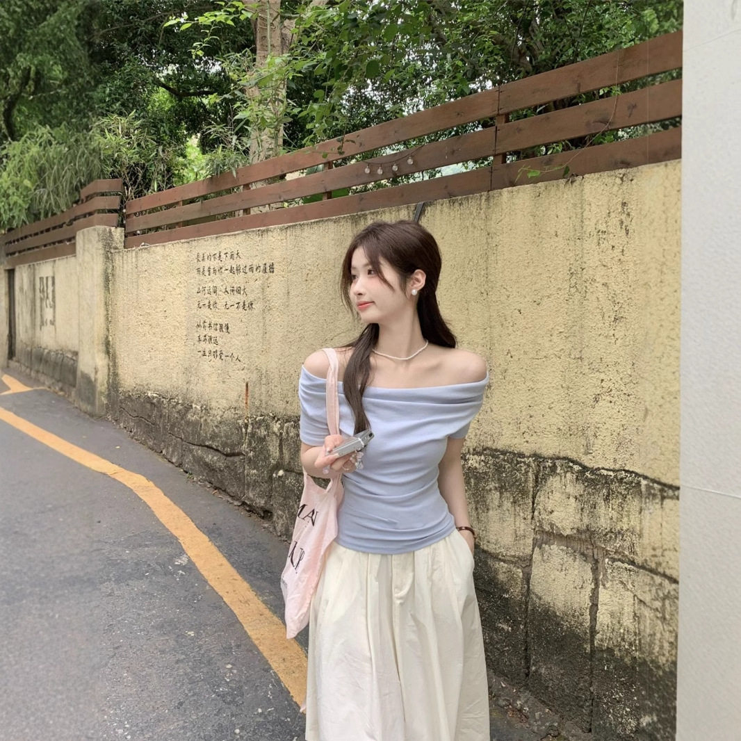 法式荡领一字肩醋酸上衣女夏季新款真丝短袖t恤褶皱收腰气质小衫