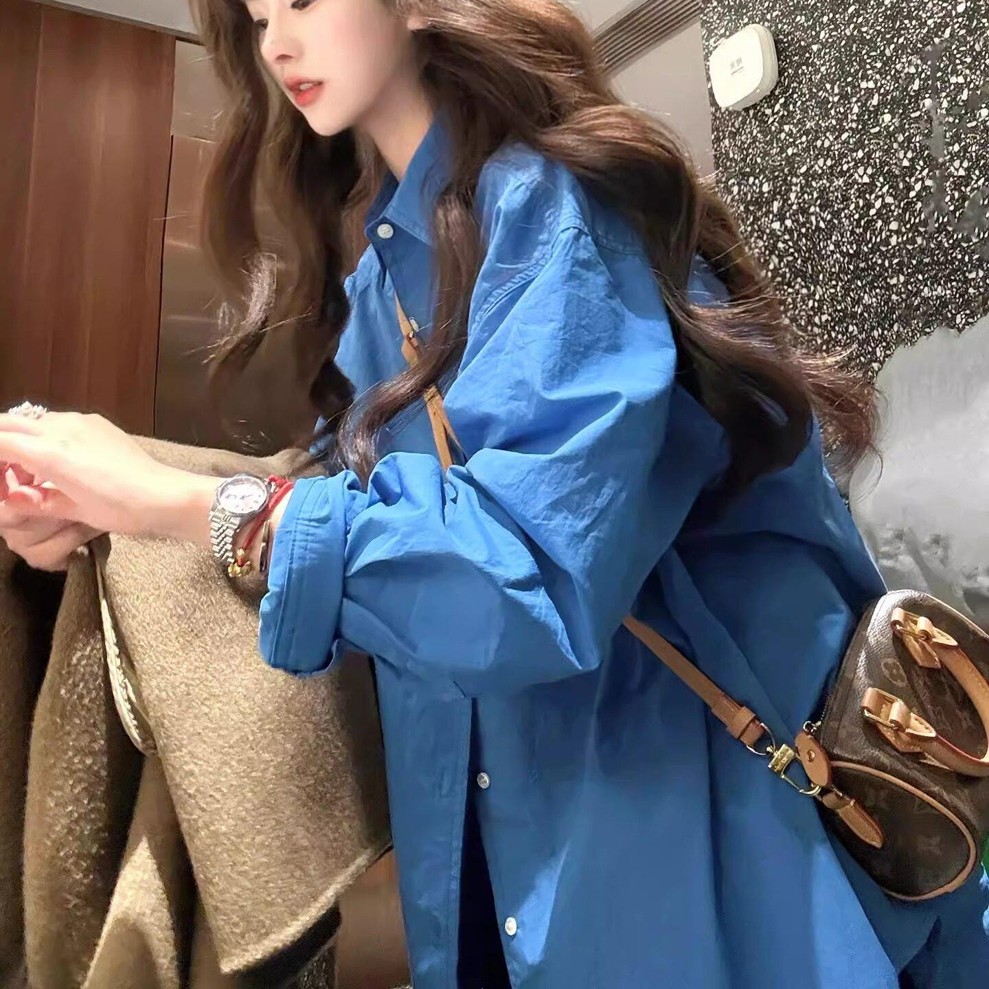 YooGirls◆高级感蓝色长袖衬衫外套女春夏宽松韩版设计感防晒衬衫