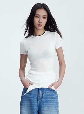 CE2024原创春夏新款天丝羊毛拼蚕丝混纺假两件t恤上衣叠穿氛围感