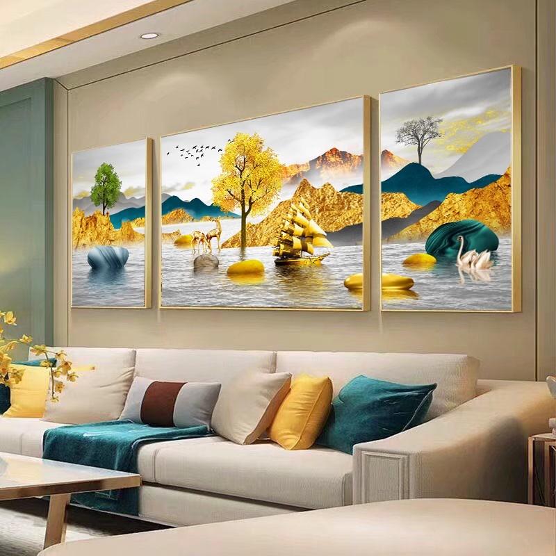 现代简约大气客厅装饰画三联沙发背景墙挂画壁画北欧轻奢晶瓷镶钻图片