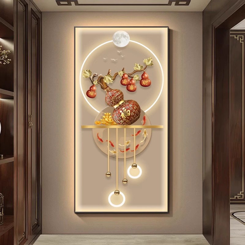 五福临门入户玄关装饰画正对门过道走廊挂画新中式晶瓷葫芦壁画