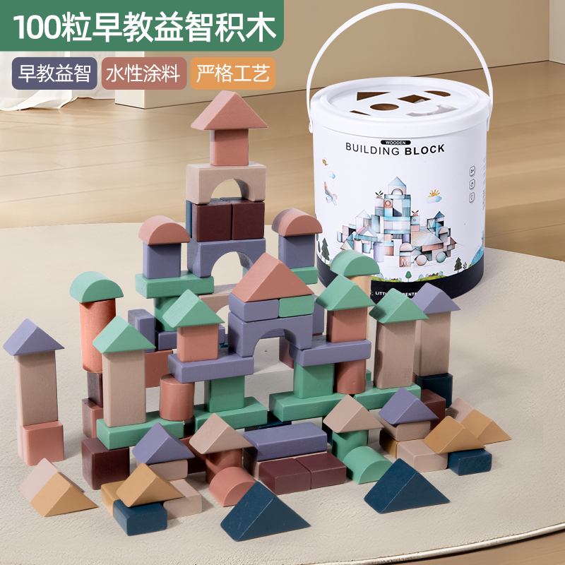 桶装100粒实木积木几何形状