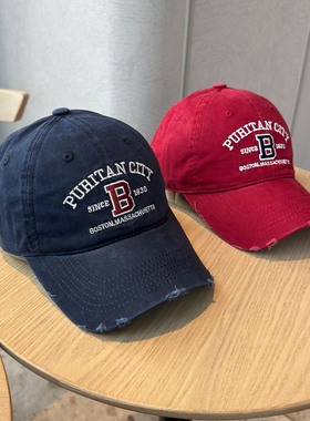 26上新复古B字母刺绣破洞棒球帽女街头时尚百搭显脸小遮阳棒球帽