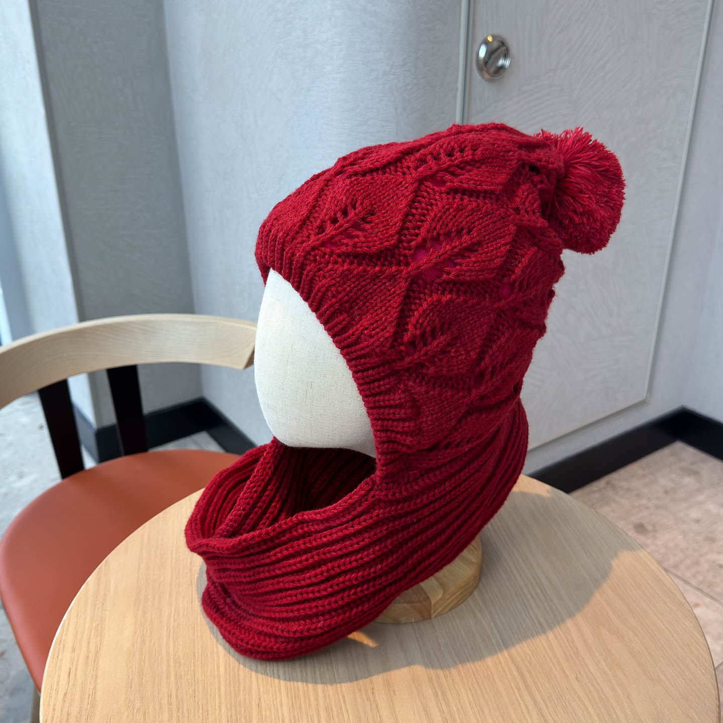 韩版简约酒红色针织毛线帽子女秋冬围巾一体保暖护脖子护耳雷锋帽