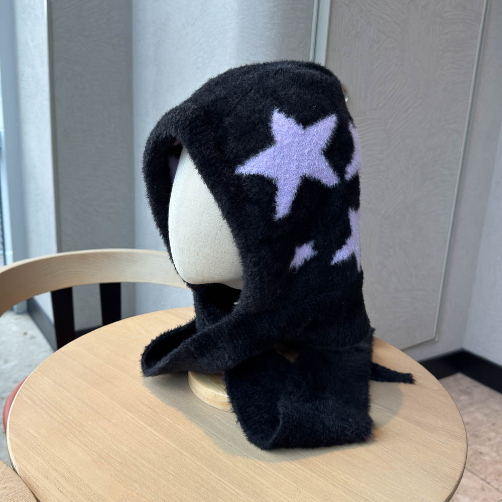 甜酷设计感包头帽女秋冬季五角星针织帽子围巾一体保暖防寒套头帽