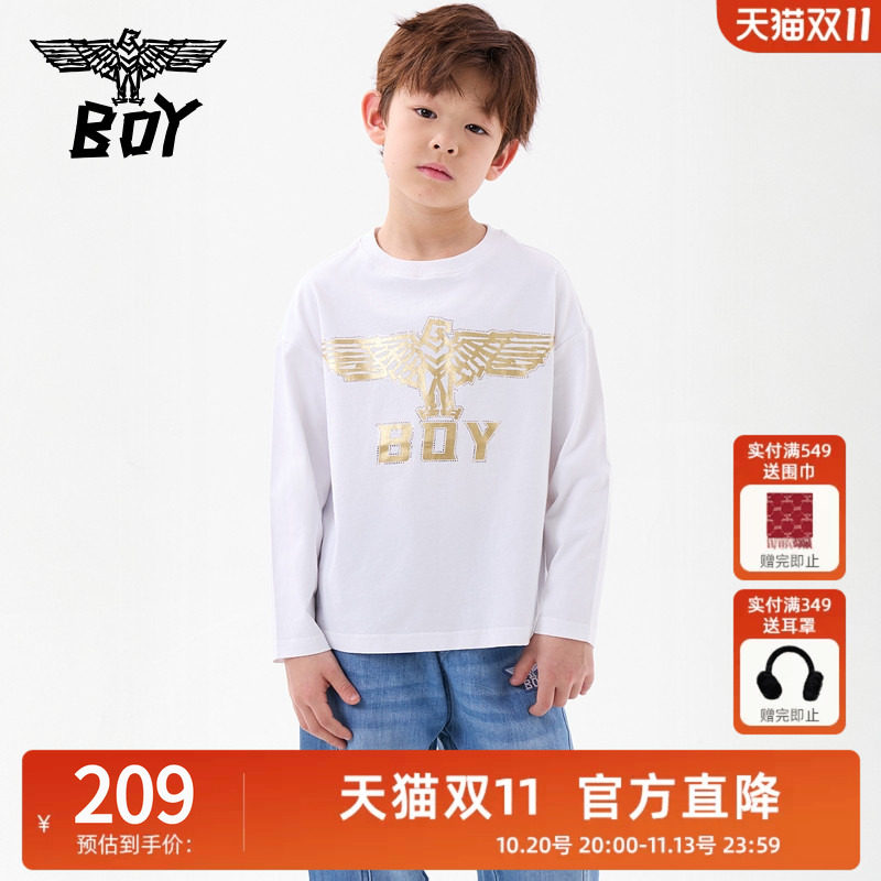 BOY童装春秋季儿童潮牌纯棉上衣金色老鹰翅膀休闲百搭圆领长袖T恤