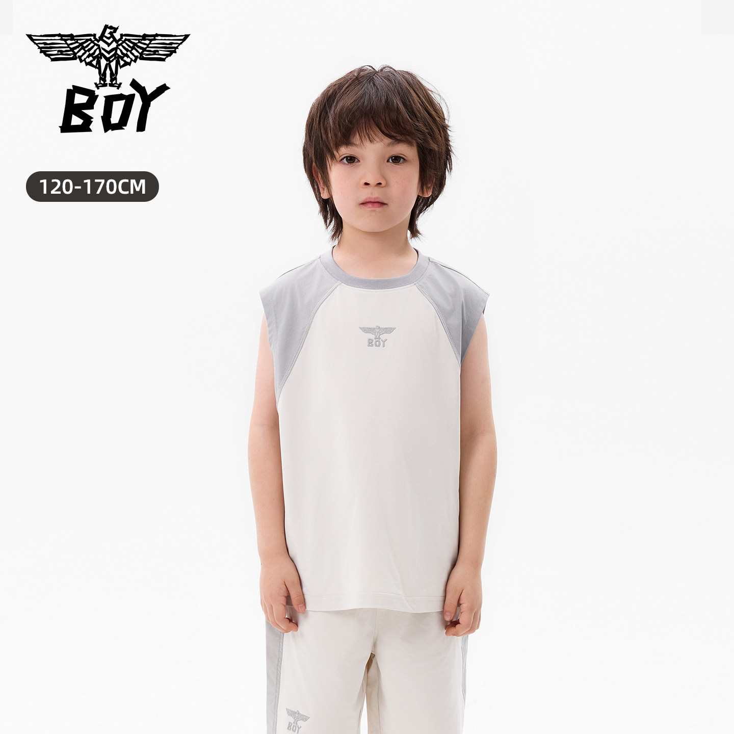 BOY童装 26春夏新品字母印花拼接无袖T恤男童圆领运动休闲背心