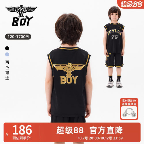BOY 童装26夏季新品篮球风无袖背心男黑色字母印花运动T恤上衣