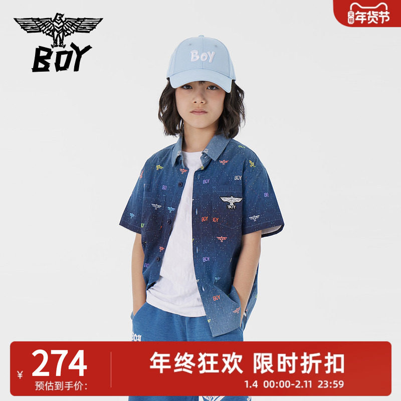 BOY 童装儿童短袖衬衫春夏字母印花深蓝牛仔色上衣男童女童